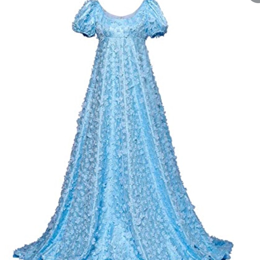 Elegant Blue Scoop Neck Puff Sleeve Gown